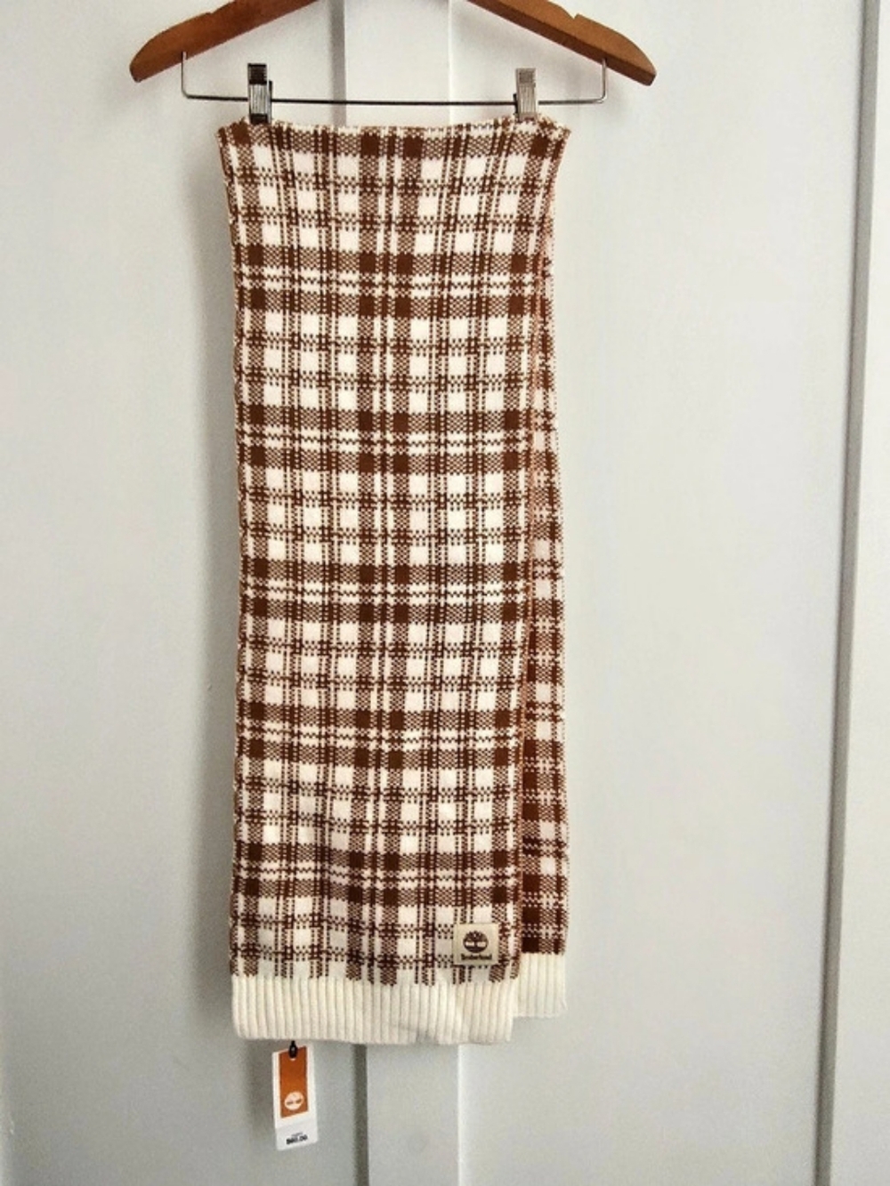 NWT Timberland Cabin Core Mountain Aesthetic Cream & Wheat Plaid Knit Scarf